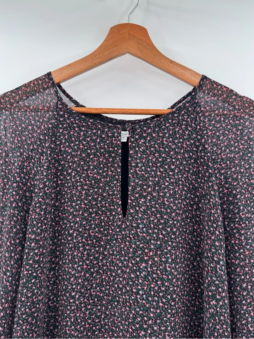 Rebecca Minkoff Women’s L Floral Blouse Black Pink Long Sleeve Sheer Neck Tie